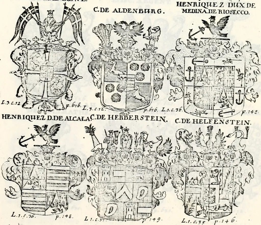 An illustration from Historia insignium illustrium sev Operis heraldici pars specialis : continens delineationem insignium plerorumque regum, ducum principum, comitum & baronum in cultiori Europa, cum explicatione singularum tesserarum, & multis ad familiarum decora titulos atque jura spectantibus, nec non tabulis aeneis scuta galeasq : in opere explicata obtutui exponentibus & indicibus necessariis, 1680, leaf 82