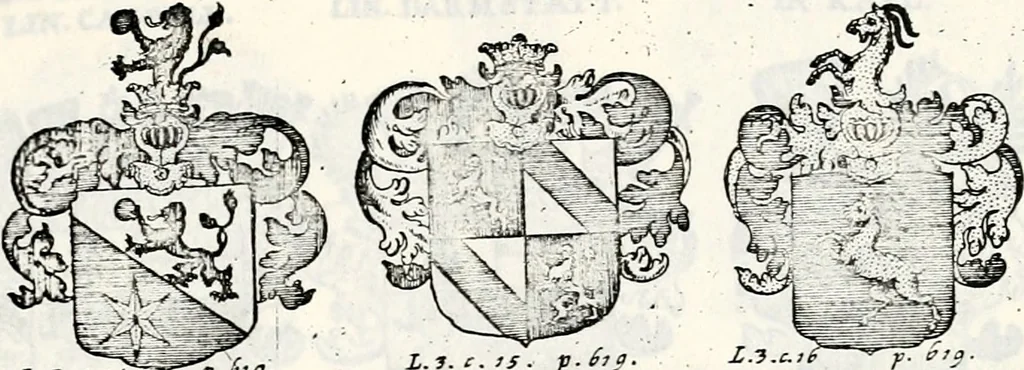 An illustration from Historia insignium illustrium sev Operis heraldici pars specialis : continens delineationem insignium plerorumque regum, ducum principum, comitum & baronum in cultiori Europa, cum explicatione singularum tesserarum, & multis ad familiarum decora titulos atque jura spectantibus, nec non tabulis aeneis scuta galeasq : in opere explicata obtutui exponentibus & indicibus necessariis, 1680, leaf 84