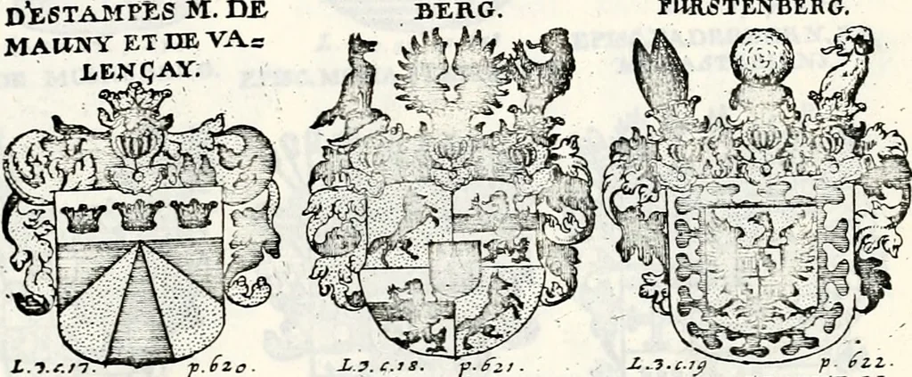 An illustration from Historia insignium illustrium sev Operis heraldici pars specialis : continens delineationem insignium plerorumque regum, ducum principum, comitum & baronum in cultiori Europa, cum explicatione singularum tesserarum, & multis ad familiarum decora titulos atque jura spectantibus, nec non tabulis aeneis scuta galeasq : in opere explicata obtutui exponentibus & indicibus necessariis, 1680, leaf 84