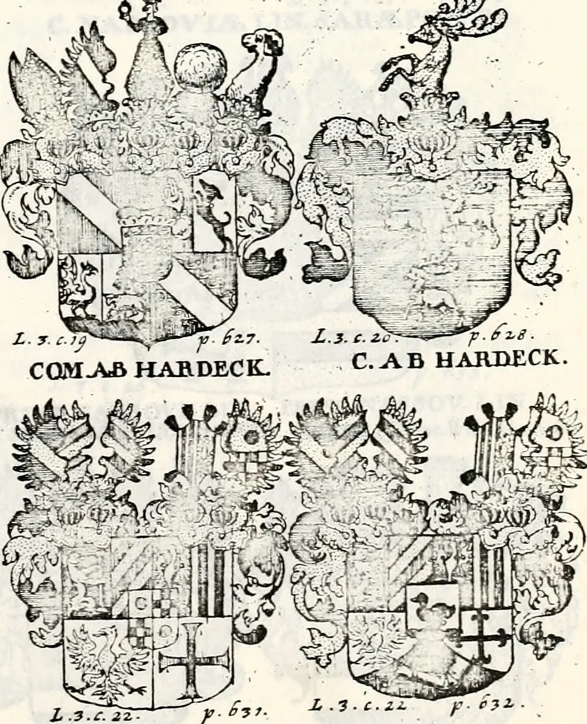 An illustration from Historia insignium illustrium sev Operis heraldici pars specialis : continens delineationem insignium plerorumque regum, ducum principum, comitum & baronum in cultiori Europa, cum explicatione singularum tesserarum, & multis ad familiarum decora titulos atque jura spectantibus, nec non tabulis aeneis scuta galeasq : in opere explicata obtutui exponentibus & indicibus necessariis, 1680, leaf 84