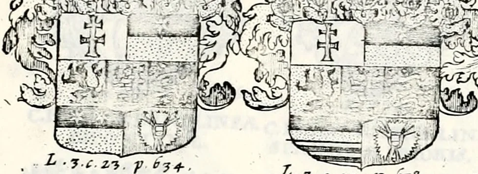 An illustration from Historia insignium illustrium sev Operis heraldici pars specialis : continens delineationem insignium plerorumque regum, ducum principum, comitum & baronum in cultiori Europa, cum explicatione singularum tesserarum, & multis ad familiarum decora titulos atque jura spectantibus, nec non tabulis aeneis scuta galeasq : in opere explicata obtutui exponentibus & indicibus necessariis, 1680, leaf 86