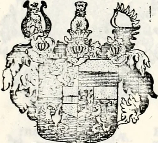 An illustration from Historia insignium illustrium sev Operis heraldici pars specialis : continens delineationem insignium plerorumque regum, ducum principum, comitum & baronum in cultiori Europa, cum explicatione singularum tesserarum, & multis ad familiarum decora titulos atque jura spectantibus, nec non tabulis aeneis scuta galeasq : in opere explicata obtutui exponentibus & indicibus necessariis, 1680, leaf 86