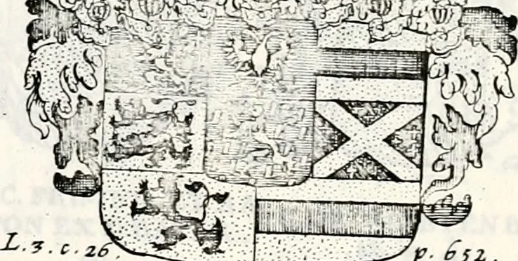 An illustration from Historia insignium illustrium sev Operis heraldici pars specialis : continens delineationem insignium plerorumque regum, ducum principum, comitum & baronum in cultiori Europa, cum explicatione singularum tesserarum, & multis ad familiarum decora titulos atque jura spectantibus, nec non tabulis aeneis scuta galeasq : in opere explicata obtutui exponentibus & indicibus necessariis, 1680, leaf 86