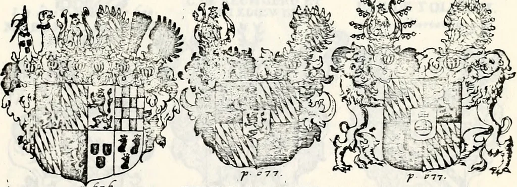 An illustration from Historia insignium illustrium sev Operis heraldici pars specialis : continens delineationem insignium plerorumque regum, ducum principum, comitum & baronum in cultiori Europa, cum explicatione singularum tesserarum, & multis ad familiarum decora titulos atque jura spectantibus, nec non tabulis aeneis scuta galeasq : in opere explicata obtutui exponentibus & indicibus necessariis, 1680, leaf 88