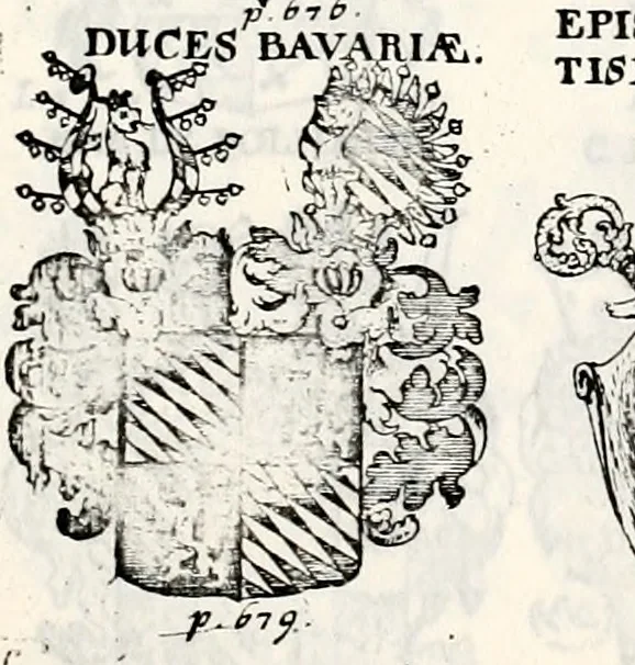 An illustration from Historia insignium illustrium sev Operis heraldici pars specialis : continens delineationem insignium plerorumque regum, ducum principum, comitum & baronum in cultiori Europa, cum explicatione singularum tesserarum, & multis ad familiarum decora titulos atque jura spectantibus, nec non tabulis aeneis scuta galeasq : in opere explicata obtutui exponentibus & indicibus necessariis, 1680, leaf 88