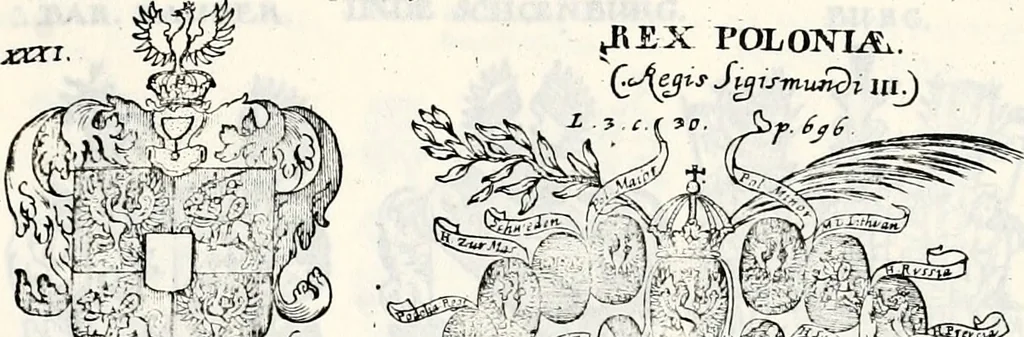 An illustration from Historia insignium illustrium sev Operis heraldici pars specialis : continens delineationem insignium plerorumque regum, ducum principum, comitum & baronum in cultiori Europa, cum explicatione singularum tesserarum, & multis ad familiarum decora titulos atque jura spectantibus, nec non tabulis aeneis scuta galeasq : in opere explicata obtutui exponentibus & indicibus necessariis, 1680, leaf 90