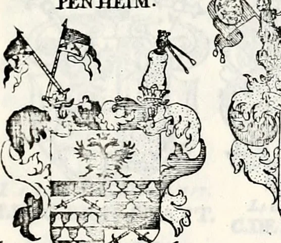 An illustration from Historia insignium illustrium sev Operis heraldici pars specialis : continens delineationem insignium plerorumque regum, ducum principum, comitum & baronum in cultiori Europa, cum explicatione singularum tesserarum, & multis ad familiarum decora titulos atque jura spectantibus, nec non tabulis aeneis scuta galeasq : in opere explicata obtutui exponentibus & indicibus necessariis, 1680, leaf 90