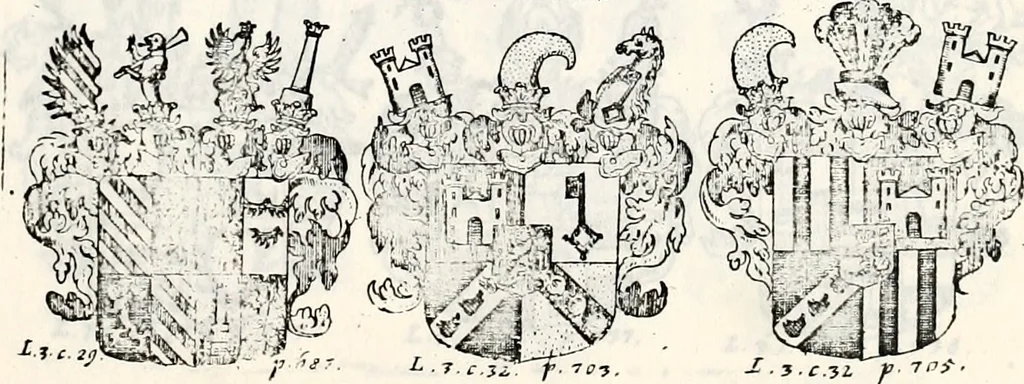 An illustration from Historia insignium illustrium sev Operis heraldici pars specialis : continens delineationem insignium plerorumque regum, ducum principum, comitum & baronum in cultiori Europa, cum explicatione singularum tesserarum, & multis ad familiarum decora titulos atque jura spectantibus, nec non tabulis aeneis scuta galeasq : in opere explicata obtutui exponentibus & indicibus necessariis, 1680, leaf 90