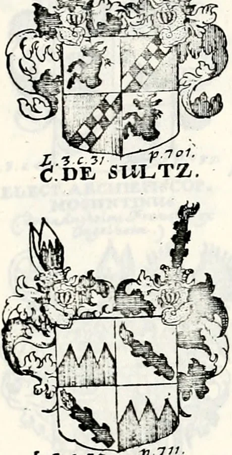 An illustration from Historia insignium illustrium sev Operis heraldici pars specialis : continens delineationem insignium plerorumque regum, ducum principum, comitum & baronum in cultiori Europa, cum explicatione singularum tesserarum, & multis ad familiarum decora titulos atque jura spectantibus, nec non tabulis aeneis scuta galeasq : in opere explicata obtutui exponentibus & indicibus necessariis, 1680, leaf 92