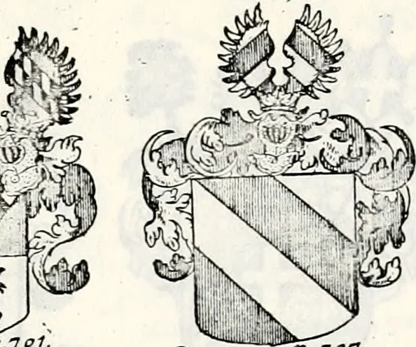 An illustration from Historia insignium illustrium sev Operis heraldici pars specialis : continens delineationem insignium plerorumque regum, ducum principum, comitum & baronum in cultiori Europa, cum explicatione singularum tesserarum, & multis ad familiarum decora titulos atque jura spectantibus, nec non tabulis aeneis scuta galeasq : in opere explicata obtutui exponentibus & indicibus necessariis, 1680, leaf 92