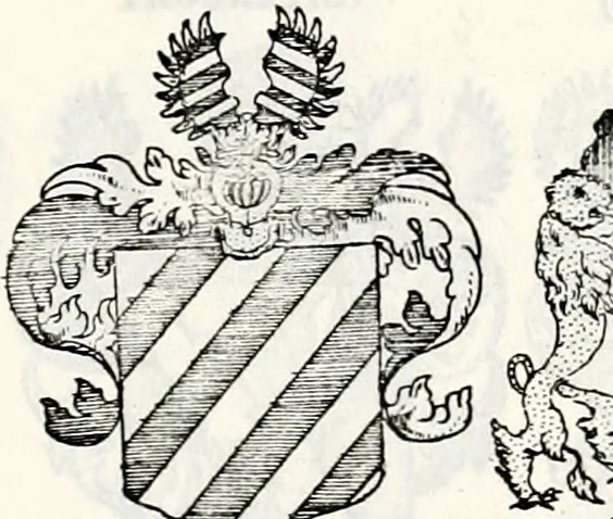 An illustration from Historia insignium illustrium sev Operis heraldici pars specialis : continens delineationem insignium plerorumque regum, ducum principum, comitum & baronum in cultiori Europa, cum explicatione singularum tesserarum, & multis ad familiarum decora titulos atque jura spectantibus, nec non tabulis aeneis scuta galeasq : in opere explicata obtutui exponentibus & indicibus necessariis, 1680, leaf 92