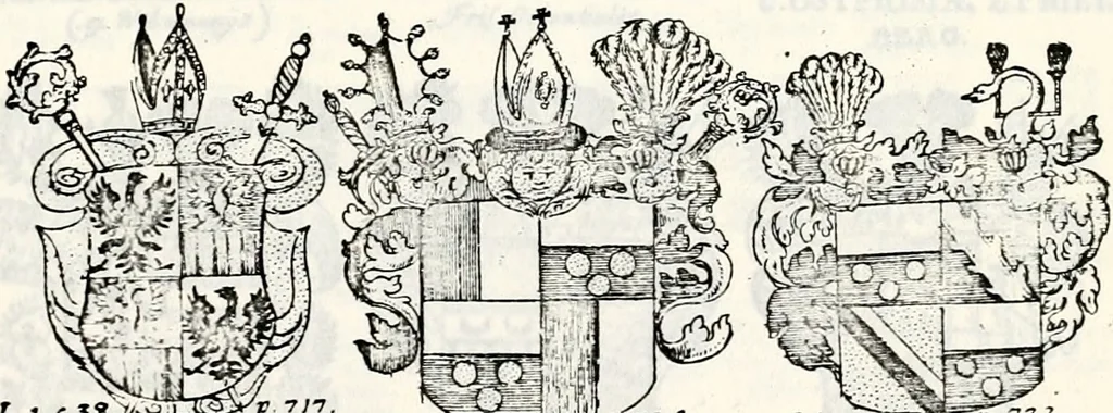An illustration from Historia insignium illustrium sev Operis heraldici pars specialis : continens delineationem insignium plerorumque regum, ducum principum, comitum & baronum in cultiori Europa, cum explicatione singularum tesserarum, & multis ad familiarum decora titulos atque jura spectantibus, nec non tabulis aeneis scuta galeasq : in opere explicata obtutui exponentibus & indicibus necessariis, 1680, leaf 92