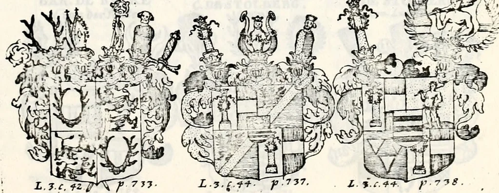 An illustration from Historia insignium illustrium sev Operis heraldici pars specialis : continens delineationem insignium plerorumque regum, ducum principum, comitum & baronum in cultiori Europa, cum explicatione singularum tesserarum, & multis ad familiarum decora titulos atque jura spectantibus, nec non tabulis aeneis scuta galeasq : in opere explicata obtutui exponentibus & indicibus necessariis, 1680, leaf 92