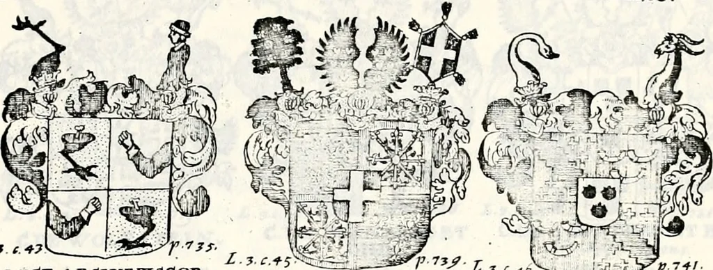 An illustration from Historia insignium illustrium sev Operis heraldici pars specialis : continens delineationem insignium plerorumque regum, ducum principum, comitum & baronum in cultiori Europa, cum explicatione singularum tesserarum, & multis ad familiarum decora titulos atque jura spectantibus, nec non tabulis aeneis scuta galeasq : in opere explicata obtutui exponentibus & indicibus necessariis, 1680, leaf 94