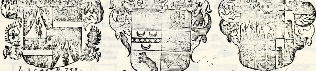 An illustration from Historia insignium illustrium sev Operis heraldici pars specialis : continens delineationem insignium plerorumque regum, ducum principum, comitum & baronum in cultiori Europa, cum explicatione singularum tesserarum, & multis ad familiarum decora titulos atque jura spectantibus, nec non tabulis aeneis scuta galeasq : in opere explicata obtutui exponentibus & indicibus necessariis, 1680, leaf 94