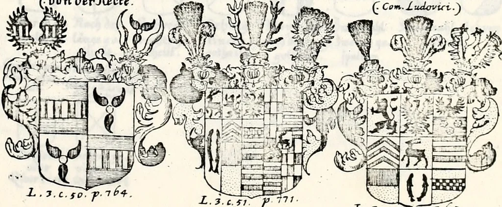 An illustration from Historia insignium illustrium sev Operis heraldici pars specialis : continens delineationem insignium plerorumque regum, ducum principum, comitum & baronum in cultiori Europa, cum explicatione singularum tesserarum, & multis ad familiarum decora titulos atque jura spectantibus, nec non tabulis aeneis scuta galeasq : in opere explicata obtutui exponentibus & indicibus necessariis, 1680, leaf 94