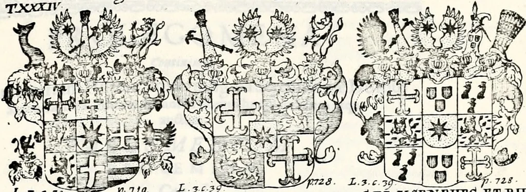 An illustration from Historia insignium illustrium sev Operis heraldici pars specialis : continens delineationem insignium plerorumque regum, ducum principum, comitum & baronum in cultiori Europa, cum explicatione singularum tesserarum, & multis ad familiarum decora titulos atque jura spectantibus, nec non tabulis aeneis scuta galeasq : in opere explicata obtutui exponentibus & indicibus necessariis, 1680, leaf 96