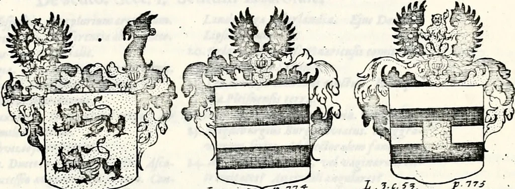 An illustration from Historia insignium illustrium sev Operis heraldici pars specialis : continens delineationem insignium plerorumque regum, ducum principum, comitum & baronum in cultiori Europa, cum explicatione singularum tesserarum, & multis ad familiarum decora titulos atque jura spectantibus, nec non tabulis aeneis scuta galeasq : in opere explicata obtutui exponentibus & indicibus necessariis, 1680, leaf 96
