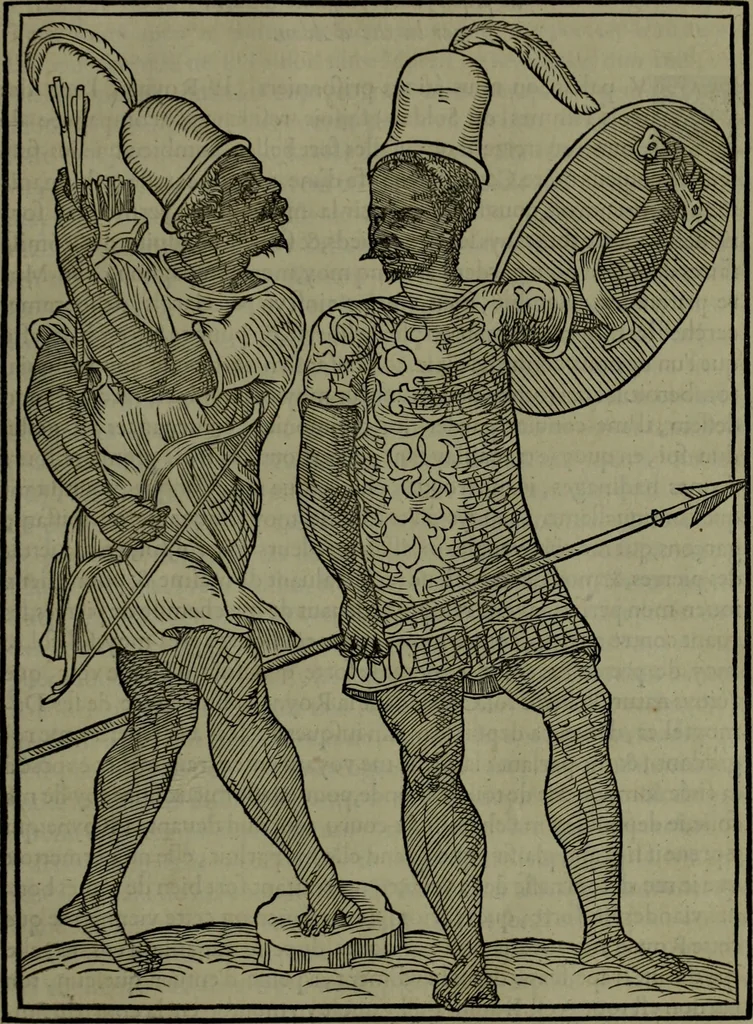 An illustration from [Historiale description de l'Afrique, tierce partie du monde :bcontenant ses royaumes, regions, viles, cités, chateaux et forteresses : iles, flleuves, animaux, tant aquatiques, que terrestres : coutumes, loix, religion et façon de faire des habitas : auec pourtraits de leurs habis : emsemble autres choses memorables et singulières nouueautés, 1556, leaf 34