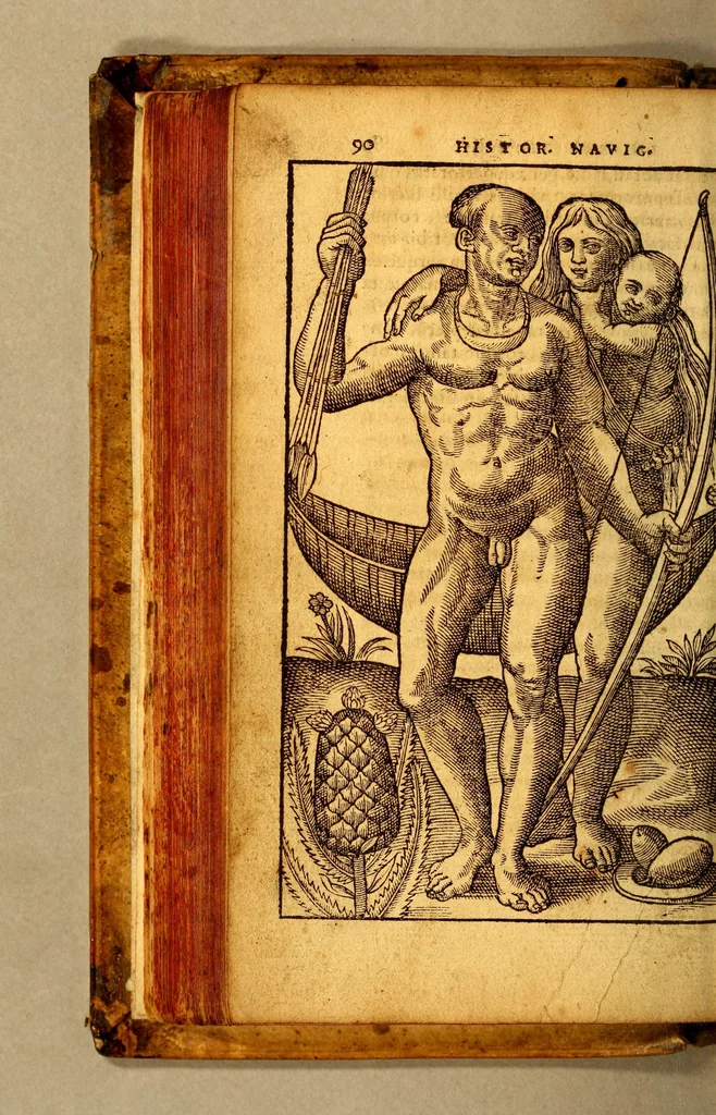 An illustration from Historia nauigationis in Brasiliam, quae et America dicitur. : Qua describitur autoris nauigatio, quaéque in mari vidit memoriae prodenda: Villagagnonis in America gesta: Brasiliensium victus & mores, à nostris admodum alieni, cum eorum linguae dialogo: animalia etiam, arbores, atque herbae, reliquáque singularia & nobis penitùs incognita., 1586, leaf 158