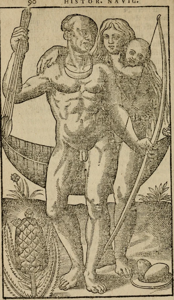 An illustration from Historia navigationis in Brasiliam quae et America dicitvr : qua describitvr avthoris navigatio, quaeque in mari vidit memoriae prodenda, Villagagnonis in America gesta : Brasiliensium victus & mores, à nostris admodum alieni, cum eorum linguae dialogo : animalia etiam, arbores atque herbae, reliquaque singularia & nobis penitus incognita, 1594, leaf 153