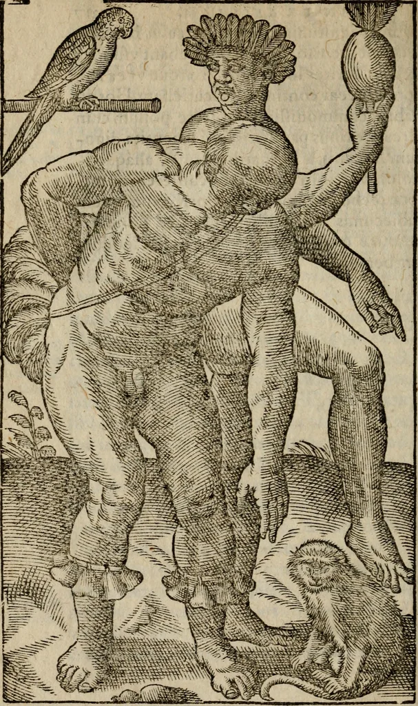 An illustration from Historia navigationis in Brasiliam quae et America dicitvr : qua describitvr avthoris navigatio, quaeque in mari vidit memoriae prodenda, Villagagnonis in America gesta : Brasiliensium victus & mores, à nostris admodum alieni, cum eorum linguae dialogo : animalia etiam, arbores atque herbae, reliquaque singularia & nobis penitus incognita, 1594, leaf 301