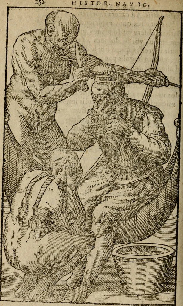 An illustration from Historia navigationis in Brasiliam quae et America dicitvr : qua describitvr avthoris navigatio, quaeque in mari vidit memoriae prodenda, Villagagnonis in America gesta : Brasiliensium victus & mores, à nostris admodum alieni, cum eorum linguae dialogo : animalia etiam, arbores atque herbae, reliquaque singularia & nobis penitus incognita, 1594, leaf 335