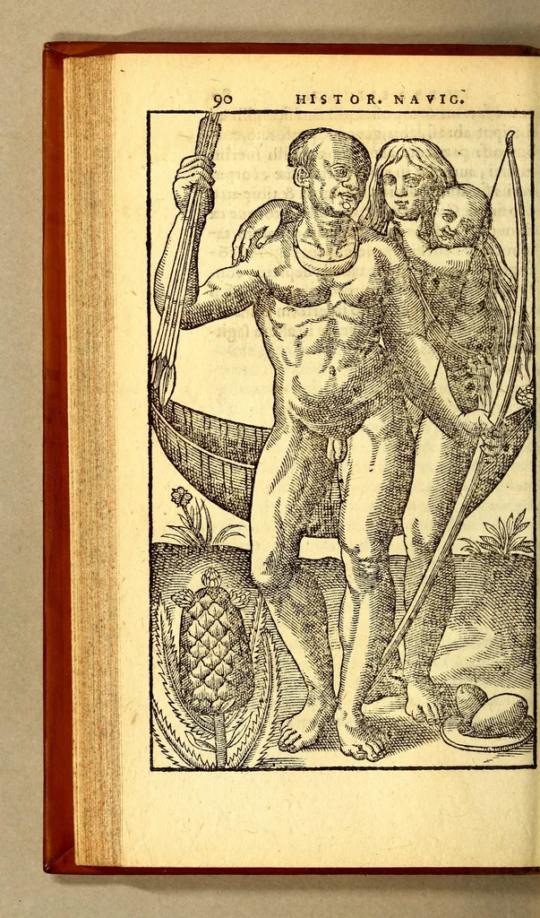 An illustration from Historia navigationis in Brasiliam quae et America dicitur. : Qua describitur authoris nauigatio, quaeque in mari vidit memoriae prodenda: Villagagnonis in America gesta: Brasiliensium victus & mores, à nostris admodum alieni, cum eorum linguae dialogo: animalia etiam, arbores, atque herbae reliquáque singularia & nobis penitus incognita., 1594, leaf 154