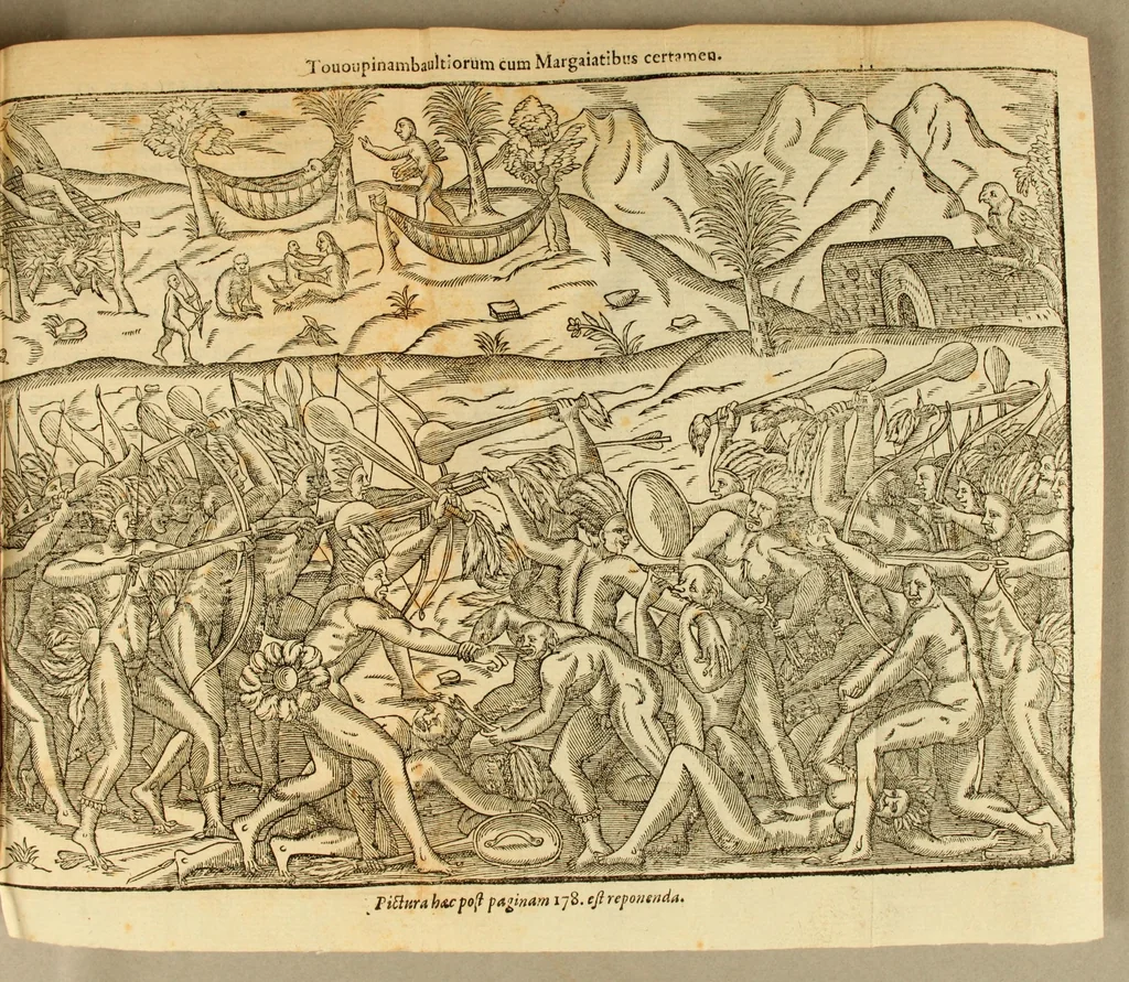 An illustration from Historia navigationis in Brasiliam quae et America dicitur. : Qua describitur authoris nauigatio, quaeque in mari vidit memoriae prodenda: Villagagnonis in America gesta: Brasiliensium victus & mores, à nostris admodum alieni, cum eorum linguae dialogo: animalia etiam, arbores, atque herbae reliquáque singularia & nobis penitus incognita., 1594, leaf 243