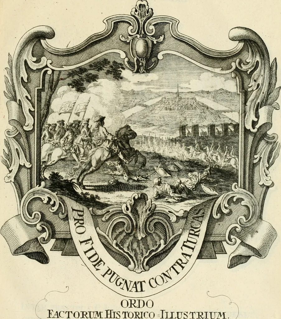 An illustration from Historica notitia rerum Boicarum : symbolis ac figuris aeneis illustrata : in funere Caroli VII. Romanorum Imperatoris semp. aug. virtutum triumpho, solemnium quondam occasione exequiarum, accommodata : cui accedit in fine oratio funebris in laudem optimi ejusdem Caesaris, anno 1745 habita, 1746, leaf 100