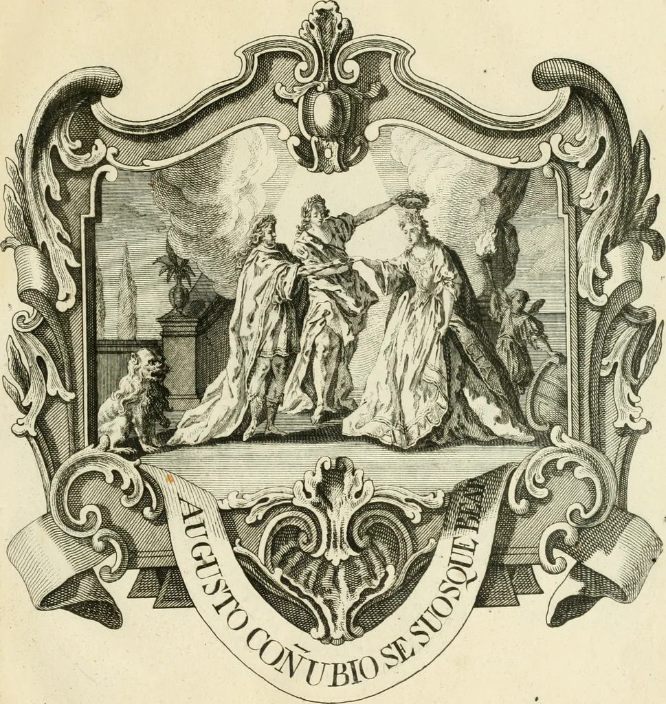 An illustration from Historica notitia rerum Boicarum : symbolis ac figuris aeneis illustrata : in funere Caroli VII. Romanorum Imperatoris semp. aug. virtutum triumpho, solemnium quondam occasione exequiarum, accommodata : cui accedit in fine oratio funebris in laudem optimi ejusdem Caesaris, anno 1745 habita, 1746, leaf 102