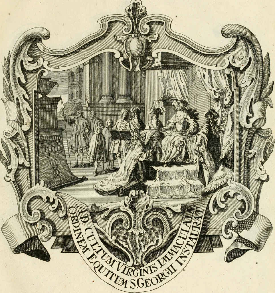 An illustration from Historica notitia rerum Boicarum : symbolis ac figuris aeneis illustrata : in funere Caroli VII. Romanorum Imperatoris semp. aug. virtutum triumpho, solemnium quondam occasione exequiarum, accommodata : cui accedit in fine oratio funebris in laudem optimi ejusdem Caesaris, anno 1745 habita, 1746, leaf 104