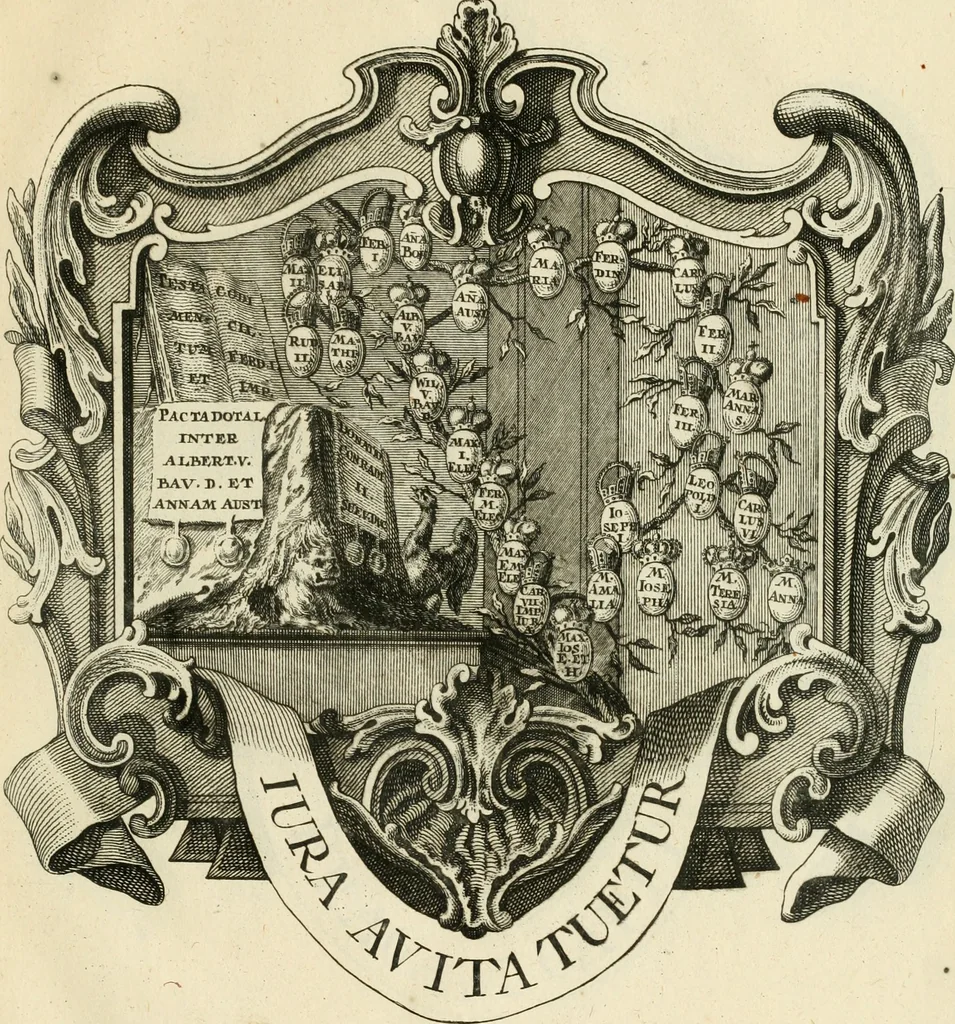 An illustration from Historica notitia rerum Boicarum : symbolis ac figuris aeneis illustrata : in funere Caroli VII. Romanorum Imperatoris semp. aug. virtutum triumpho, solemnium quondam occasione exequiarum, accommodata : cui accedit in fine oratio funebris in laudem optimi ejusdem Caesaris, anno 1745 habita, 1746, leaf 106