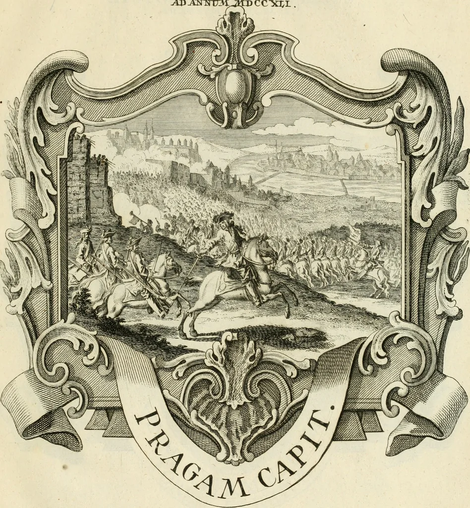 An illustration from Historica notitia rerum Boicarum : symbolis ac figuris aeneis illustrata : in funere Caroli VII. Romanorum Imperatoris semp. aug. virtutum triumpho, solemnium quondam occasione exequiarum, accommodata : cui accedit in fine oratio funebris in laudem optimi ejusdem Caesaris, anno 1745 habita, 1746, leaf 108