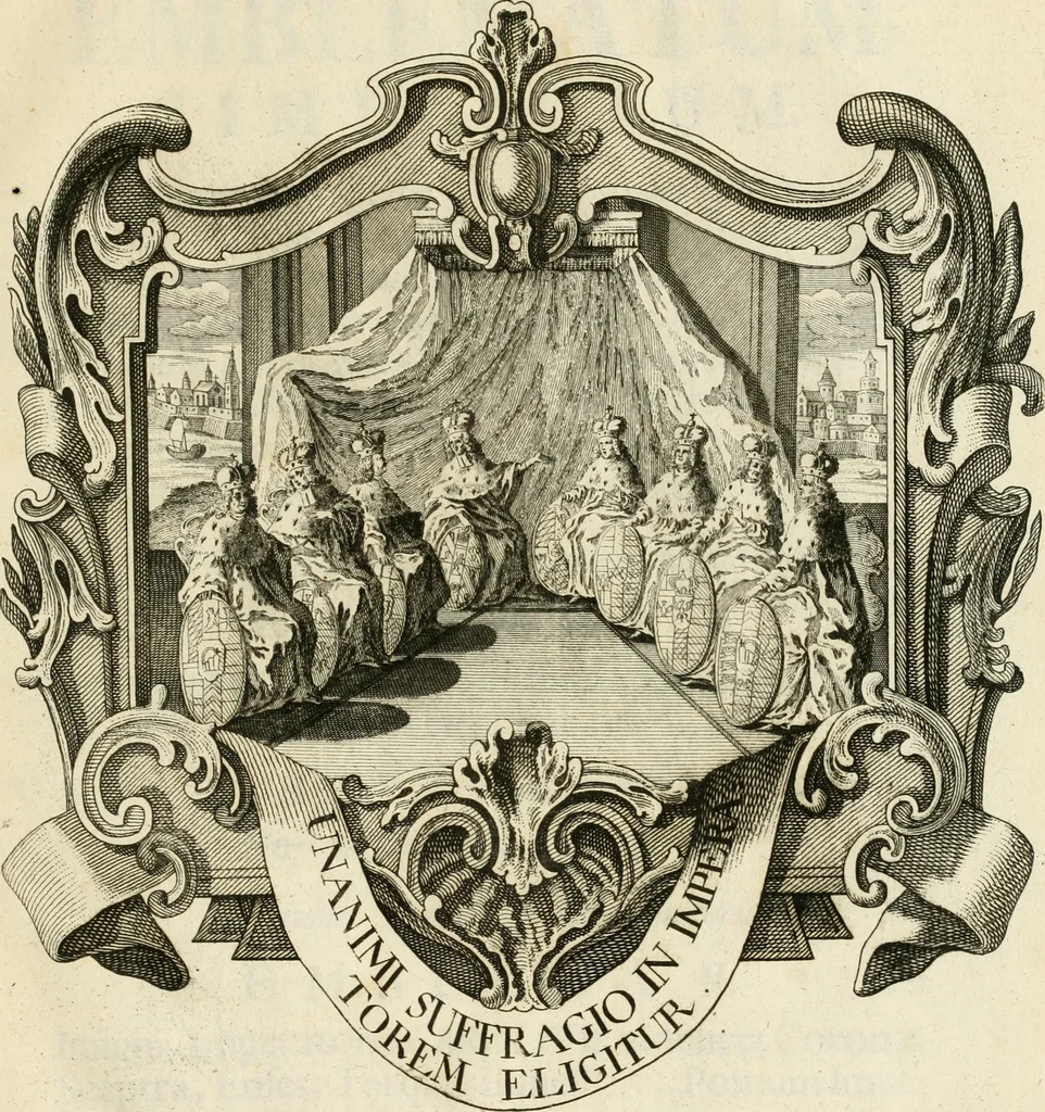 An illustration from Historica notitia rerum Boicarum : symbolis ac figuris aeneis illustrata : in funere Caroli VII. Romanorum Imperatoris semp. aug. virtutum triumpho, solemnium quondam occasione exequiarum, accommodata : cui accedit in fine oratio funebris in laudem optimi ejusdem Caesaris, anno 1745 habita, 1746, leaf 110