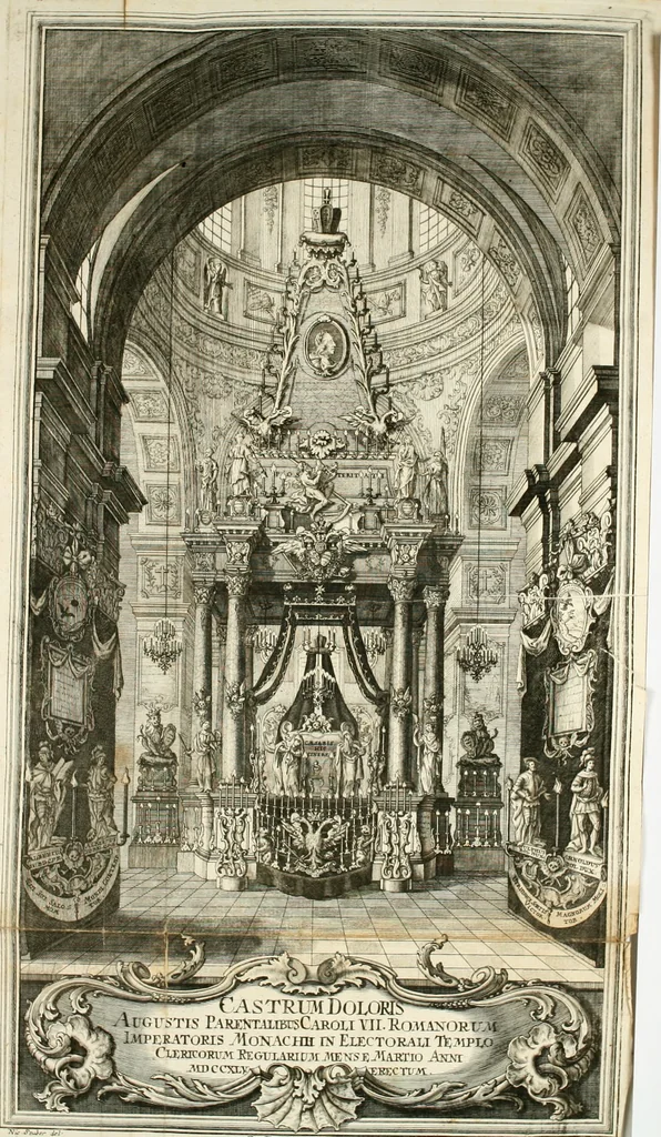 An illustration from Historica notitia rerum Boicarum : symbolis ac figuris aeneis illustrata : in funere Caroli VII. Romanorum Imperatoris semp. aug. virtutum triumpho, solemnium quondam occasione exequiarum, accommodata : cui accedit in fine oratio funebris in laudem optimi ejusdem Caesaris, anno 1745 habita, 1746, leaf 14