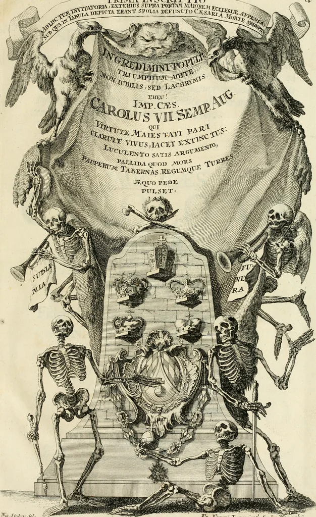 An illustration from Historica notitia rerum Boicarum : symbolis ac figuris aeneis illustrata : in funere Caroli VII. Romanorum Imperatoris semp. aug. virtutum triumpho, solemnium quondam occasione exequiarum, accommodata : cui accedit in fine oratio funebris in laudem optimi ejusdem Caesaris, anno 1745 habita, 1746, leaf 20