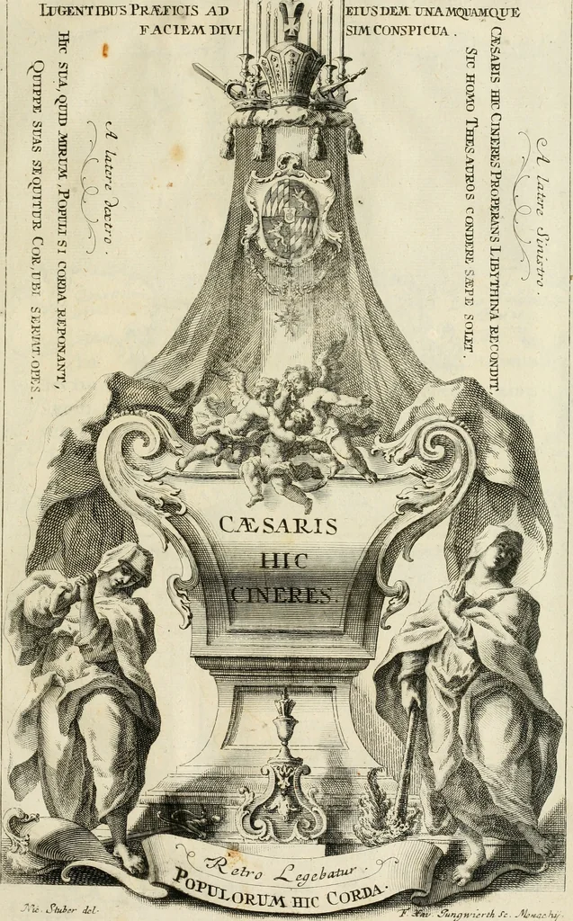An illustration from Historica notitia rerum Boicarum : symbolis ac figuris aeneis illustrata : in funere Caroli VII. Romanorum Imperatoris semp. aug. virtutum triumpho, solemnium quondam occasione exequiarum, accommodata : cui accedit in fine oratio funebris in laudem optimi ejusdem Caesaris, anno 1745 habita, 1746, leaf 32