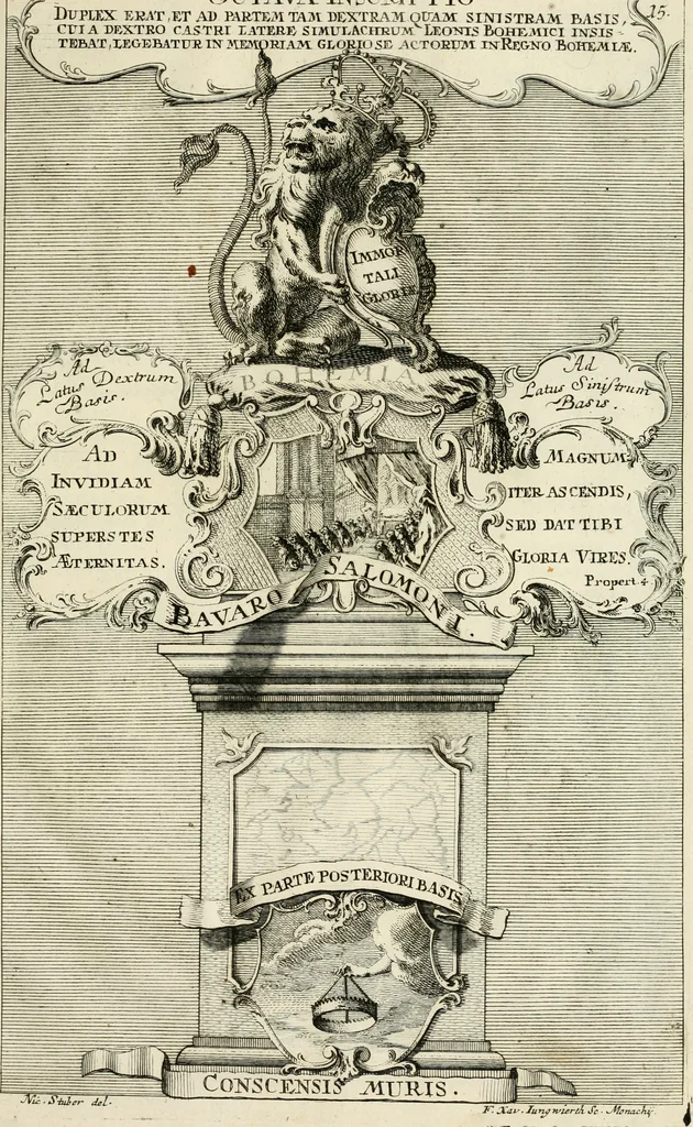 An illustration from Historica notitia rerum Boicarum : symbolis ac figuris aeneis illustrata : in funere Caroli VII. Romanorum Imperatoris semp. aug. virtutum triumpho, solemnium quondam occasione exequiarum, accommodata : cui accedit in fine oratio funebris in laudem optimi ejusdem Caesaris, anno 1745 habita, 1746, leaf 34