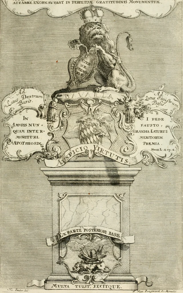 An illustration from Historica notitia rerum Boicarum : symbolis ac figuris aeneis illustrata : in funere Caroli VII. Romanorum Imperatoris semp. aug. virtutum triumpho, solemnium quondam occasione exequiarum, accommodata : cui accedit in fine oratio funebris in laudem optimi ejusdem Caesaris, anno 1745 habita, 1746, leaf 36