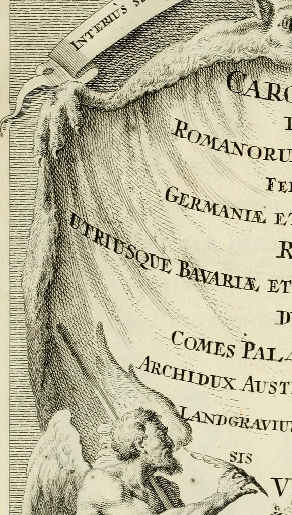 An illustration from Historica notitia rerum Boicarum : symbolis ac figuris aeneis illustrata : in funere Caroli VII. Romanorum Imperatoris semp. aug. virtutum triumpho, solemnium quondam occasione exequiarum, accommodata : cui accedit in fine oratio funebris in laudem optimi ejusdem Caesaris, anno 1745 habita, 1746, leaf 38