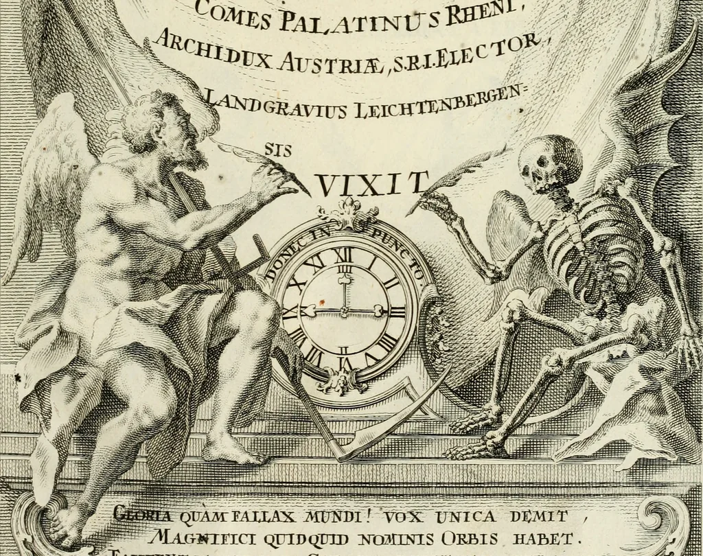 An illustration from Historica notitia rerum Boicarum : symbolis ac figuris aeneis illustrata : in funere Caroli VII. Romanorum Imperatoris semp. aug. virtutum triumpho, solemnium quondam occasione exequiarum, accommodata : cui accedit in fine oratio funebris in laudem optimi ejusdem Caesaris, anno 1745 habita, 1746, leaf 38