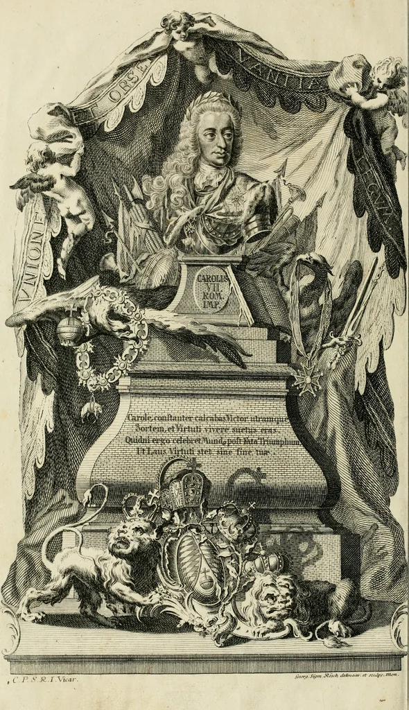 An illustration from Historica notitia rerum Boicarum : symbolis ac figuris aeneis illustrata : in funere Caroli VII. Romanorum Imperatoris semp. aug. virtutum triumpho, solemnium quondam occasione exequiarum, accommodata : cui accedit in fine oratio funebris in laudem optimi ejusdem Caesaris, anno 1745 habita, 1746, leaf 5
