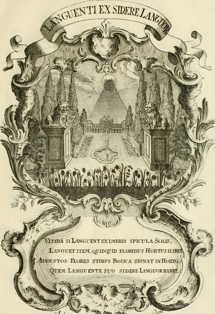 An illustration from Historica notitia rerum Boicarum : symbolis ac figuris aeneis illustrata : in funere Caroli VII. Romanorum Imperatoris semp. aug. virtutum triumpho, solemnium quondam occasione exequiarum, accommodata : cui accedit in fine oratio funebris in laudem optimi ejusdem Caesaris, anno 1745 habita, 1746, leaf 80