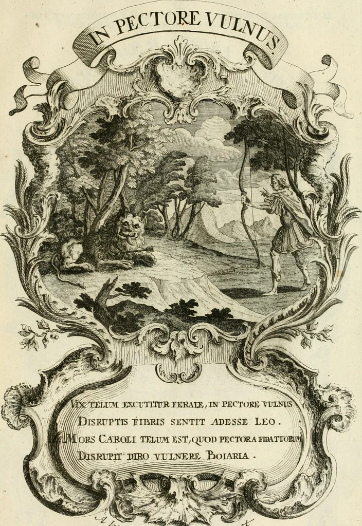 An illustration from Historica notitia rerum Boicarum : symbolis ac figuris aeneis illustrata : in funere Caroli VII. Romanorum Imperatoris semp. aug. virtutum triumpho, solemnium quondam occasione exequiarum, accommodata : cui accedit in fine oratio funebris in laudem optimi ejusdem Caesaris, anno 1745 habita, 1746, leaf 82