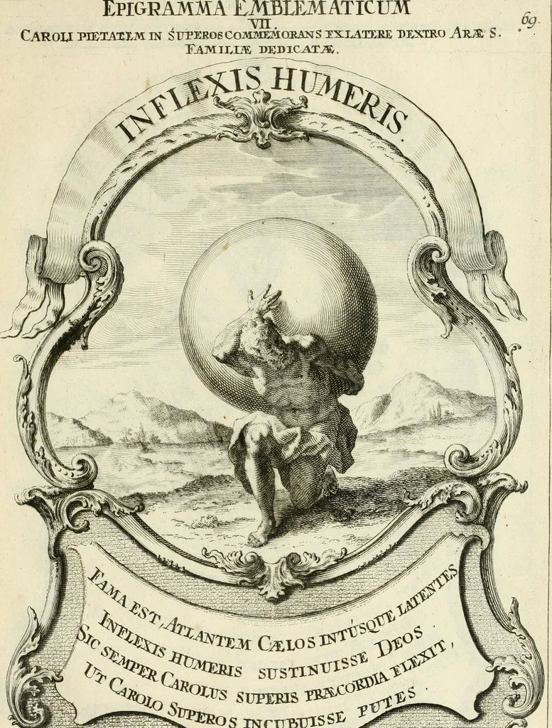 An illustration from Historica notitia rerum Boicarum : symbolis ac figuris aeneis illustrata : in funere Caroli VII. Romanorum Imperatoris semp. aug. virtutum triumpho, solemnium quondam occasione exequiarum, accommodata : cui accedit in fine oratio funebris in laudem optimi ejusdem Caesaris, anno 1745 habita, 1746, leaf 88