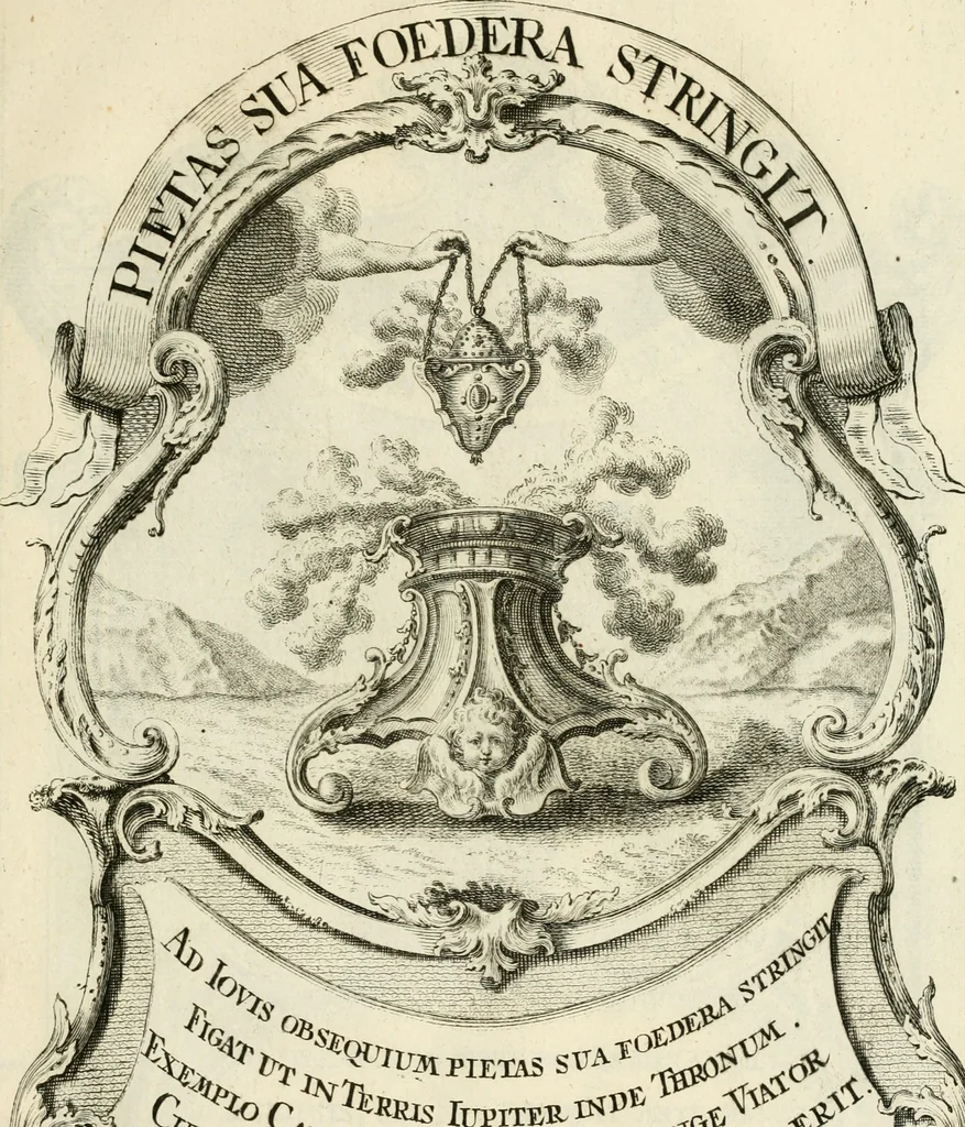 An illustration from Historica notitia rerum Boicarum : symbolis ac figuris aeneis illustrata : in funere Caroli VII. Romanorum Imperatoris semp. aug. virtutum triumpho, solemnium quondam occasione exequiarum, accommodata : cui accedit in fine oratio funebris in laudem optimi ejusdem Caesaris, anno 1745 habita, 1746, leaf 90