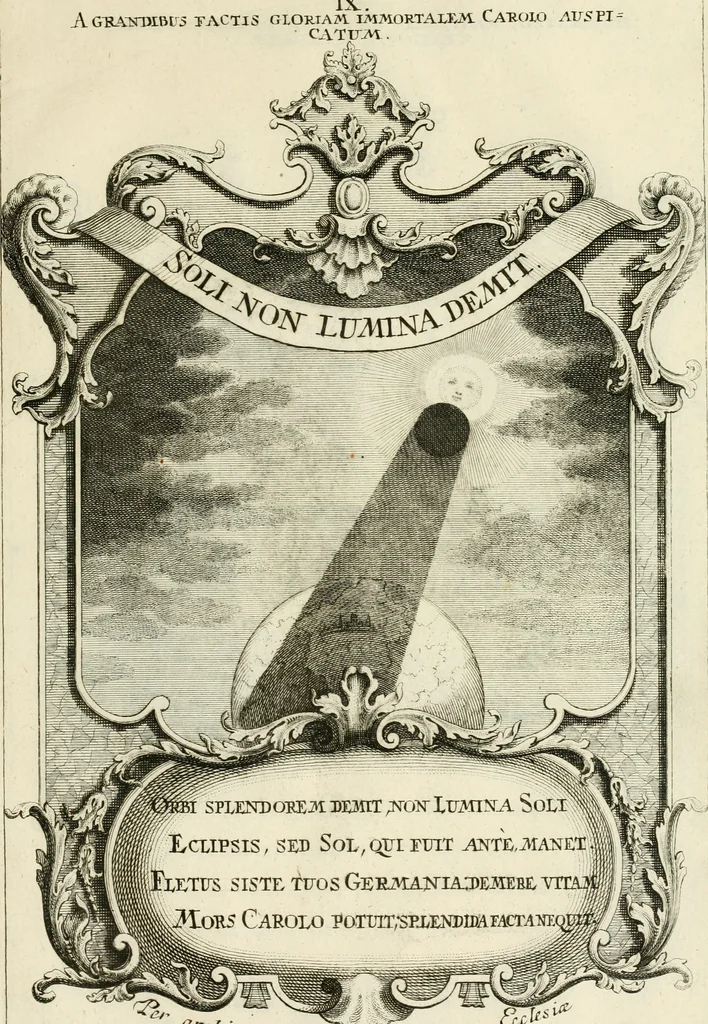 An illustration from Historica notitia rerum Boicarum : symbolis ac figuris aeneis illustrata : in funere Caroli VII. Romanorum Imperatoris semp. aug. virtutum triumpho, solemnium quondam occasione exequiarum, accommodata : cui accedit in fine oratio funebris in laudem optimi ejusdem Caesaris, anno 1745 habita, 1746, leaf 92