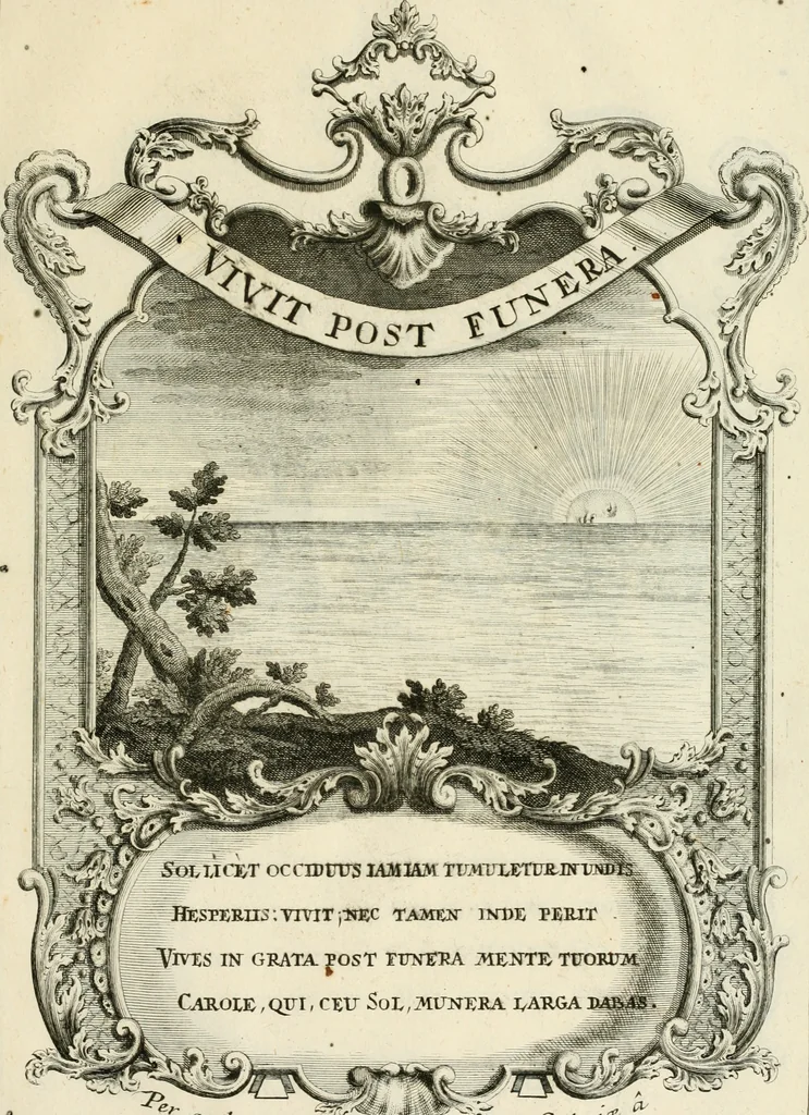 An illustration from Historica notitia rerum Boicarum : symbolis ac figuris aeneis illustrata : in funere Caroli VII. Romanorum Imperatoris semp. aug. virtutum triumpho, solemnium quondam occasione exequiarum, accommodata : cui accedit in fine oratio funebris in laudem optimi ejusdem Caesaris, anno 1745 habita, 1746, leaf 94