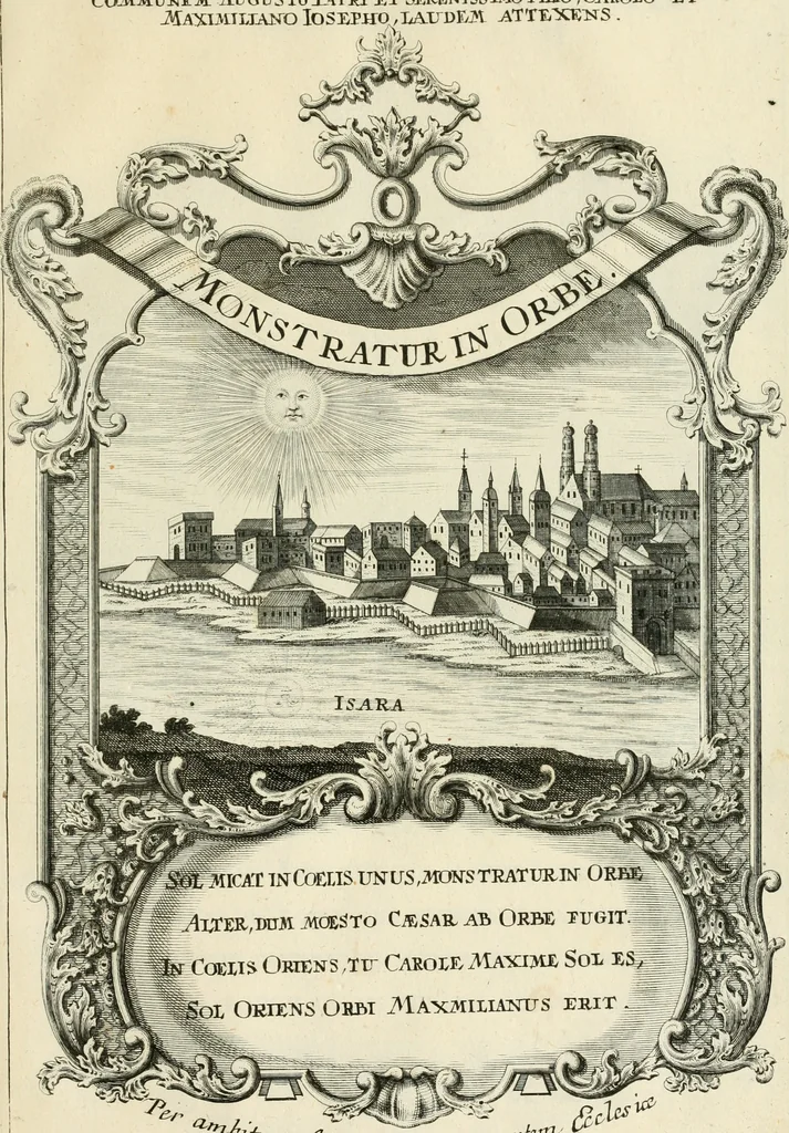 An illustration from Historica notitia rerum Boicarum : symbolis ac figuris aeneis illustrata : in funere Caroli VII. Romanorum Imperatoris semp. aug. virtutum triumpho, solemnium quondam occasione exequiarum, accommodata : cui accedit in fine oratio funebris in laudem optimi ejusdem Caesaris, anno 1745 habita, 1746, leaf 96
